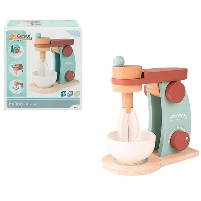 Batedeira manual de madeira colorida com tigela branca e caixa