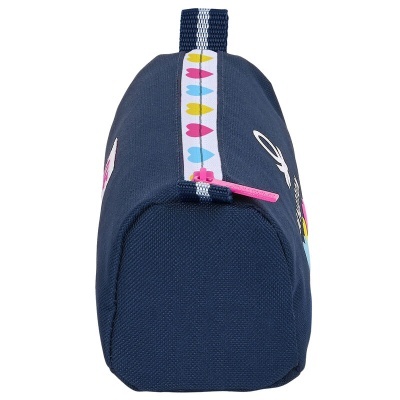 Estojo escolar azul escuro com estampa colorida e fecho rosa