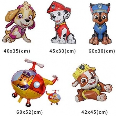 Balões metalizados de personagens da Patrulha Canina com dimensões indicadas