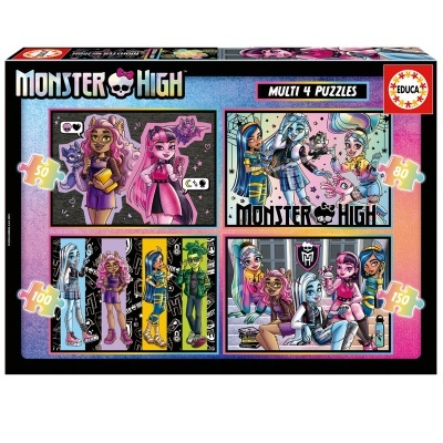 Caixa de puzzles Monster High com quatro imagens de personagens, cada puzzle tem número diferente de peças