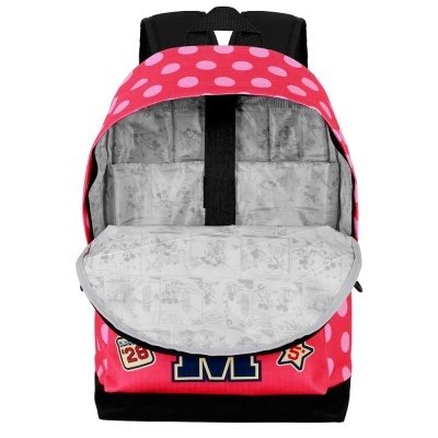 Mochila rosa com bolinhas e interior cinza com desenhos