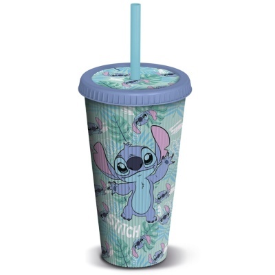 Copo plástico azul com tampa e canudo decorado com personagens Stitch e folhas verdes