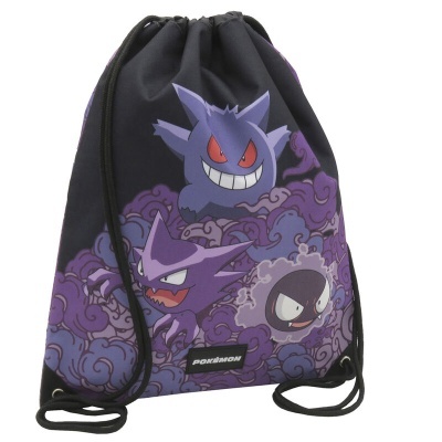 Mochila saco preta com personagens Pokémon Gengar, Haunter e Gastly roxos