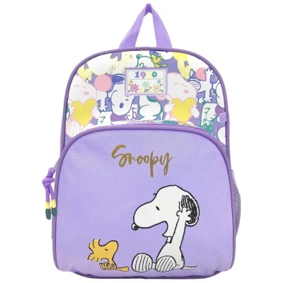 Mochila lilás com imagem dos personagens Snoopy e Woodstock