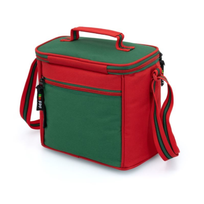 Saco térmico verde e vermelho com alças e fecho de correr