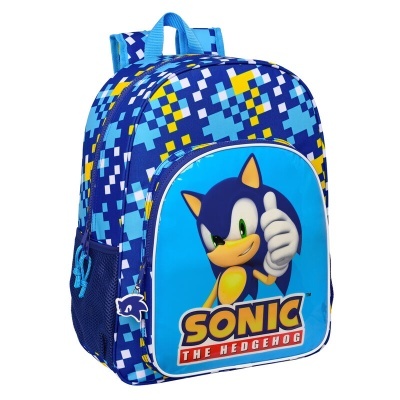 Mochila azul com estampa pixelada e imagem do Sonic em bolso frontal