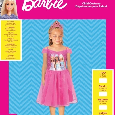 Vestido rosa de princesa Barbie para criança com saia de tule e parte superior estampada