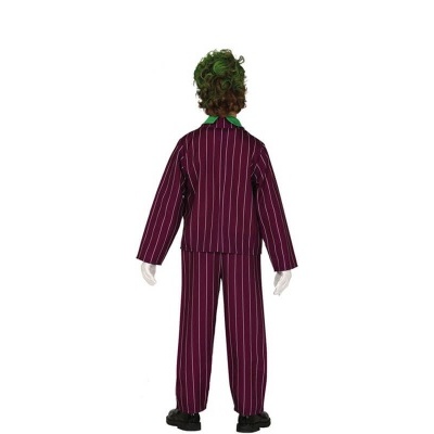 Fato riscado bordeaux com casaco e calças, colarinho verde, criança vista de costas