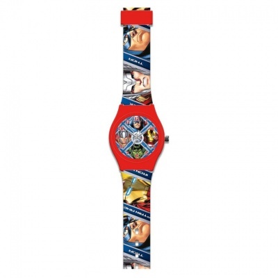 Relógio de pulso infantil colorido com personagens de banda desenhada no bracelete e mostrador redondo vermelho.