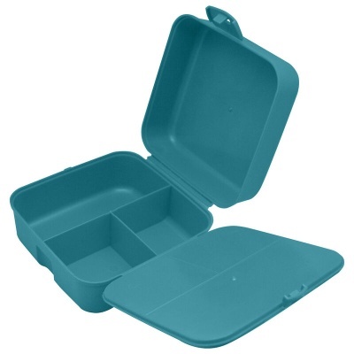 Caixa de almoço azul com divisórias internas aberta