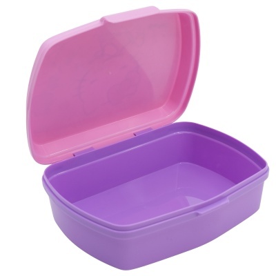 Caixa plástica roxa com tampa rosa aberta
