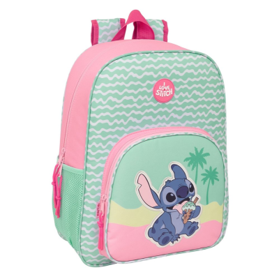 Mochila juvenil rosa e verde com personagem Stitch e padrão ondulado