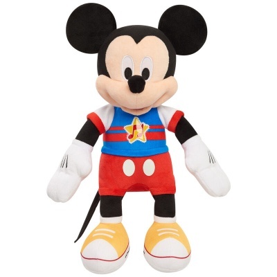 Pelúcia Mickey Mouse com roupa colorida em fundo branco