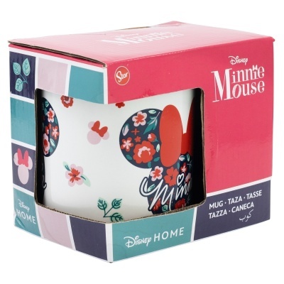 Caneca branca decorada com orelhas de Minnie Mouse e flores na embalagem
