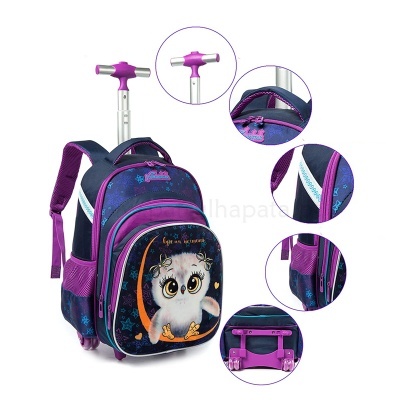 Mochila escolar azul escuro com carrinho e estampa de coruja e texto 'Lyn on the moon'