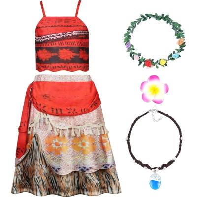 Conjunto infantil estilo Moana com top vermelho, saia estampada, coroa de flores e colar com pendente azul