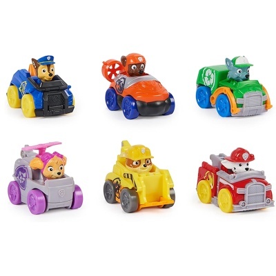 Seis carrinhos de brinquedo com figuras de cães coloridos