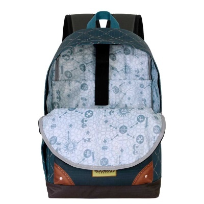 Mochila azul escura com interior estampado e detalhes em couro