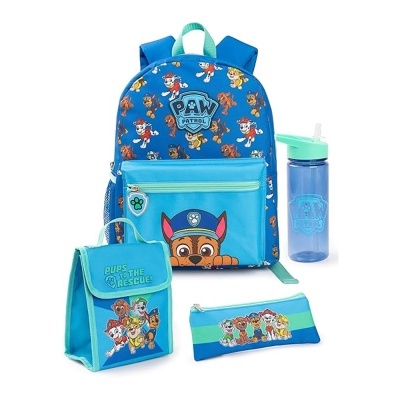 Conjunto de mochila, saco térmico, estojo e garrafa com design azul e personagens Paw Patrol