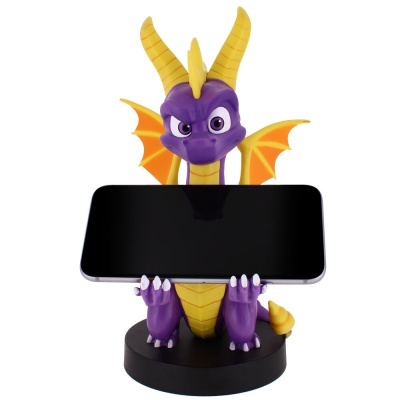 Figura de dragão roxo e amarelo segurando um telemóvel preto com base preta