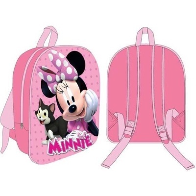 Mochila infantil rosa com Minnie Mouse e gato desenhados.