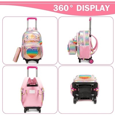 Mochila escolar rosa com bolso frontal holográfico e puxador telescópico