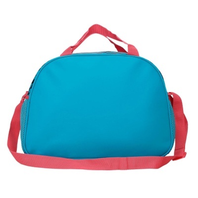 Mala azul com alça cor-de-rosa e bolsos laterais em rede