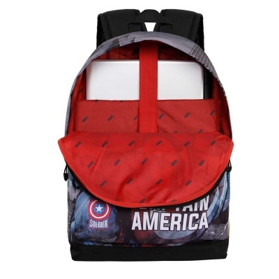 Mochila temática do Capitão América com interior vermelho e bolso fechado.