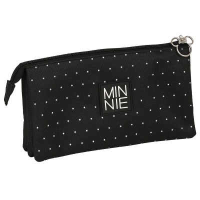 Estojo escolar preto com padrão de pontos brancos e etiqueta 'MINNIE'