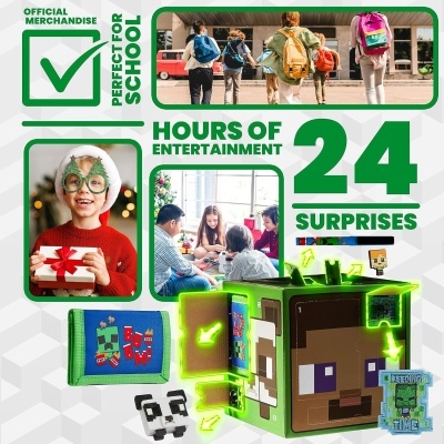 Brinquedo Minecraft em forma de cubo com efeitos luminosos verdes e fotos de crianças e família junto a texto promocional