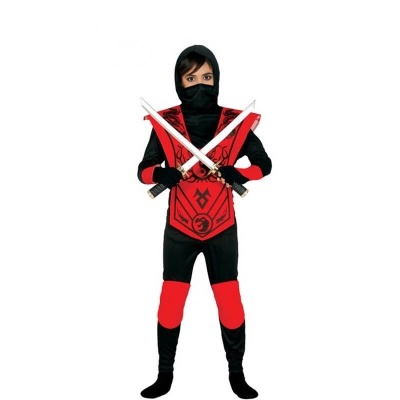 Fato de ninja infantil preto e vermelho com espada dupla