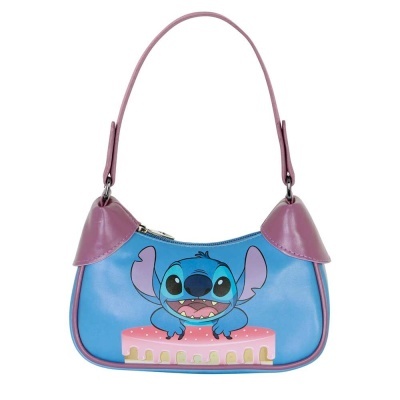 Mala de mão azul com estampa do personagem Stitch e detalhes cor-de-rosa
