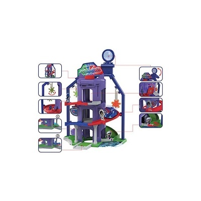 Parque de estacionamento de brinquedo azul e roxo com rampas vermelhas e base verde