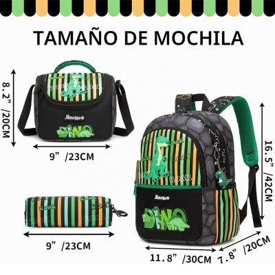Conjunto de mochila, lancheira e estojo com padrão de riscas verdes e dinossauros.