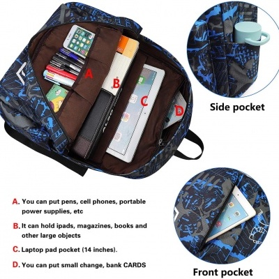 Mochila azul com vários compartimentos e bolsos para dispositivos eletrónicos