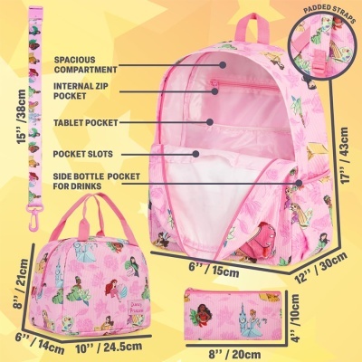 Conjunto rosa Disney Princesas com mochila, bolsa de mão, estojo e alça ajustável com padrão de princesas