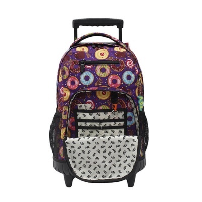 Mochila de rodas colorida com padrão de donuts e compartimento frontal aberto