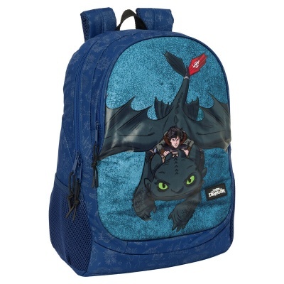 Mochila azul com imagem de dragão preto e menino montado e texto HOW TO TRAIN YOUR DRAGON