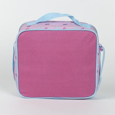 Saco de almoço quadrado rosa com padrão azul e alça azul claro