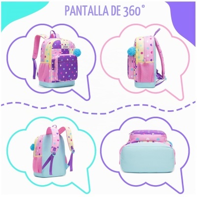 Mochila colorida com padrão de estrelas, corações e bolinhas vista de vários ângulos