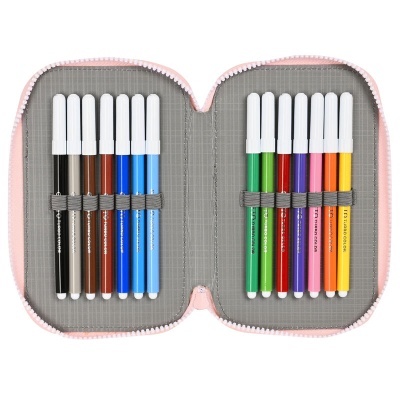 Estojo aberto com 12 canetas coloridas com tampas brancas