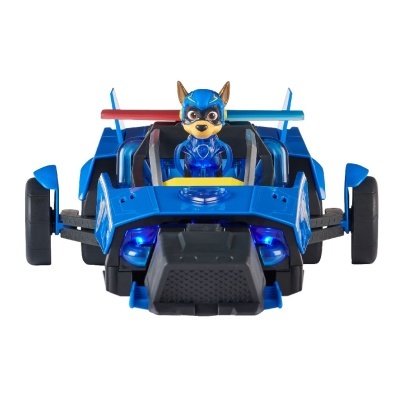 Carrinho de brinquedo azul com figura de cão em uniforme azul