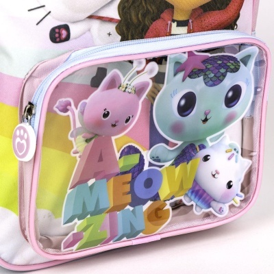 Bolsa ou mochila infantil com bolso transparente com estampado colorido de gatinhos e texto AMEANZING MEOW.