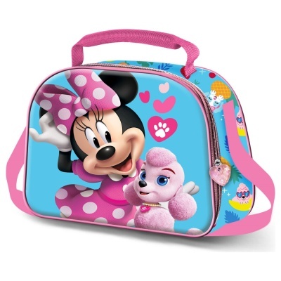 Mala infantil rosa e azul com estampa da Minnie Mouse e cãozinho rosa