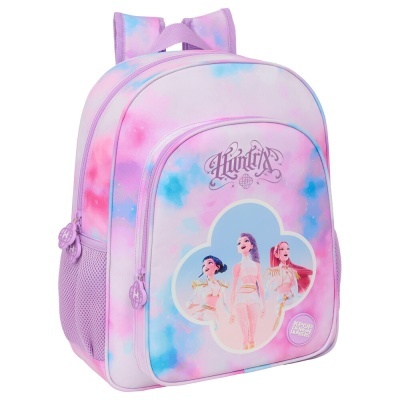 Mochila rosa lilás azul com personagens animadas e texto KPOP Demon Hunters