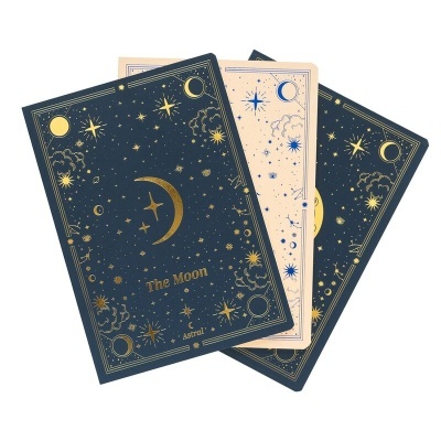 Cadernos com capas ilustradas de tema lunar e astral em azul escuro e dourado.
