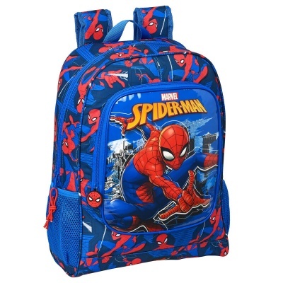 Mochila azul com padrão do Homem-Aranha e imagem frontal grande do personagem em ação