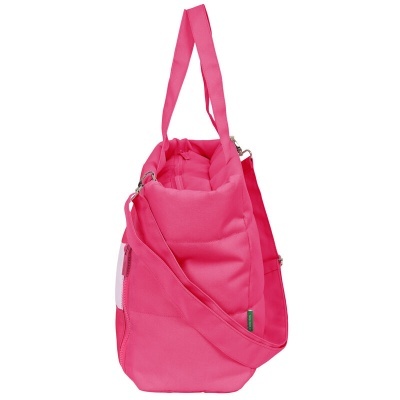 Saco de transporte rosa com alças e bolso lateral em rede