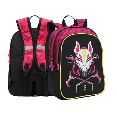 Mochila escolar preta e rosa com máscara estilizada branca e rosa desenhada no frontal