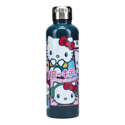 Garrafa metálica Hello Kitty azul com desenhos da personagem e texto em japonês e inglês